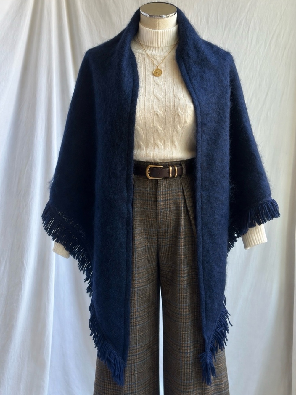 Vintage Rannoch Designs Scotland Mohair Wool Shawl Cape Navy Blue Fringed Wrap